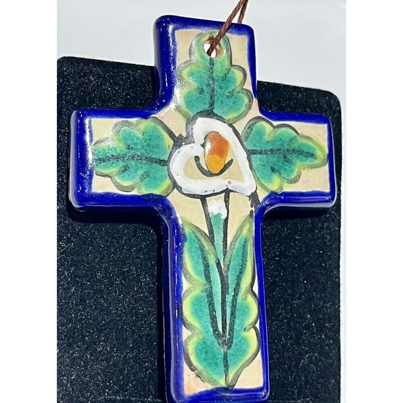 Mexican Pottery Folk Art Lilly Of The Valley Wall Cross Hand Painted 6” - Picture 3 of 8